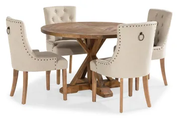 Lyon Matgrupp Rund med 4 st Viktoria Fåtölj - Trä / Beige - Möbler - Matplats - Matgrupp & matbord med stolar