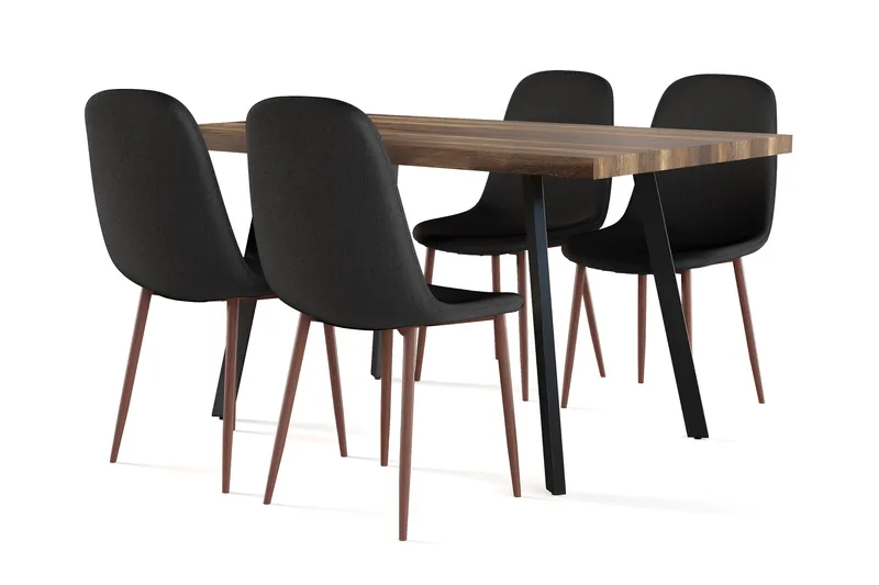 Marcelen Matbord Förlängningsbart med illäggsskiva +  4 st Nikolas stol svart med valnöt ben, Brun/Svart