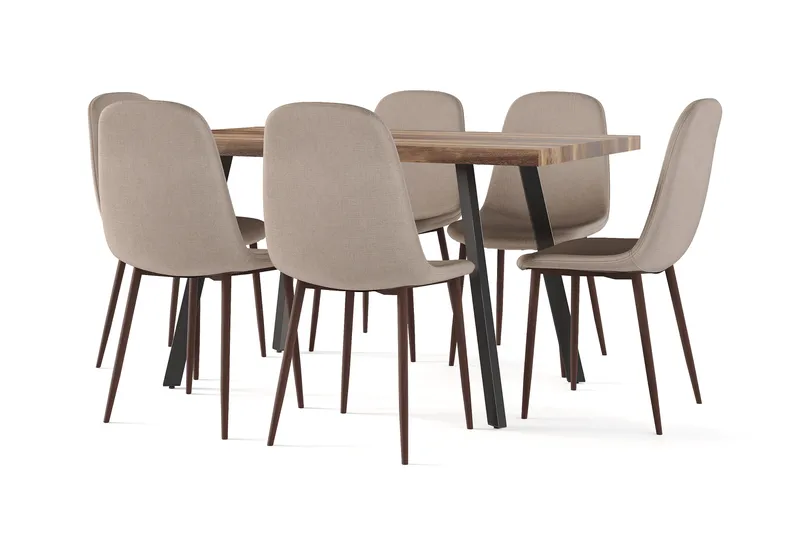 Marcelen Matbord Förlängningsbart med illäggsskiva +  6 st Nikolas stol brun med valnöt ben, Brun