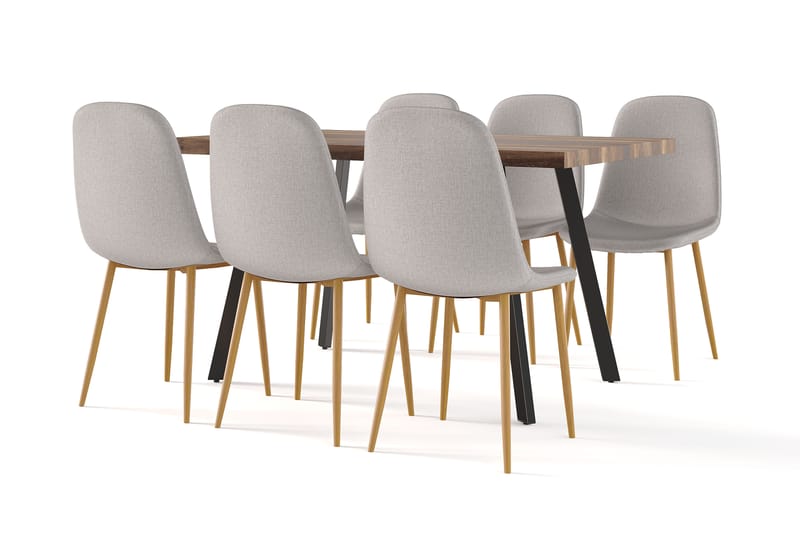 Marcelen Matbord Förlängningsbart med illäggsskiva +  6 st Nikolas stol grå med ek ben, Brun/Grå