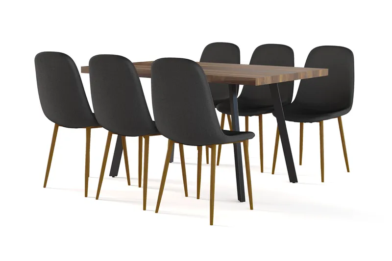 Marcelen Matbord Förlängningsbart med illäggsskiva +  6 st Nikolas stol svart med ek ben, Brun/Svart