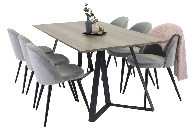Marina Matgrupp 180 cm Rektangulärt med 6 Velvet Sammet Matstolar - Svart / Grå / Brun - Möbler - Matplats - Matgrupp & matbord med stolar