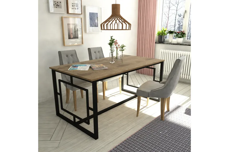 Hejde Rektangulärt Matbord 160 cm med Valnöts- och Metallutseende - Brun|Svart - Möbler - Matplats - Matbord & köksbord
