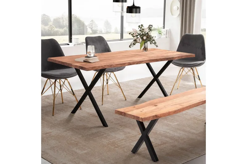Matbord Wohnling Massivt trä med trädkanter, rektangulär, lantlig stil Svart, korsad, 140x80 cm - Svart, korsad, 140x80 cm - Möbler - Matplats - Matbord & köksbord
