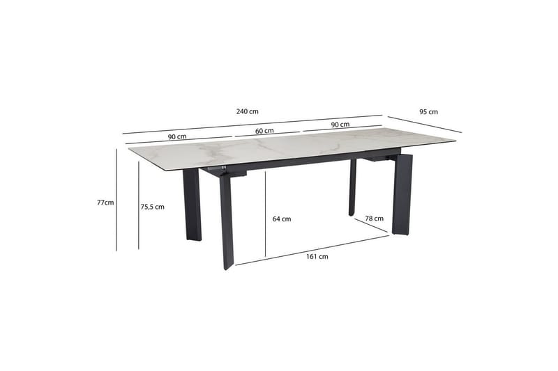 Matbord Wohnling Utdragbart 180-260 cm keramisk, klassiskt fyra ben och metallram Svart, marmor vit - Svart, marmor vit - Möbler - Matplats - Matgrupp & matbord med stolar