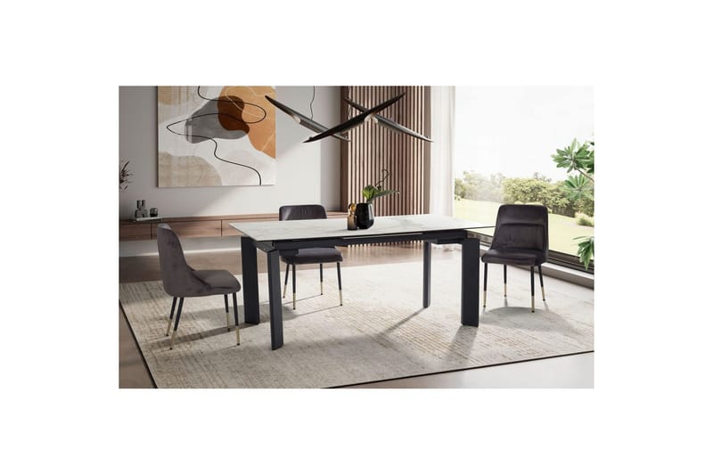 Matbord Wohnling Utdragbart 180-260 cm keramisk, klassiskt fyra ben och metallram Svart, marmor vit - Svart, marmor vit - Möbler - Matplats - Matgrupp & matbord med stolar