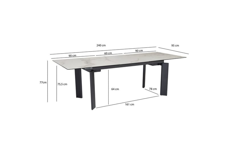 Matbord Wohnling Utdragbart 180-260 cm keramisk, klassiskt fyra ben och metallram Svart, marmor vit - Svart, marmor vit - Möbler - Matplats - Matgrupp & matbord med stolar