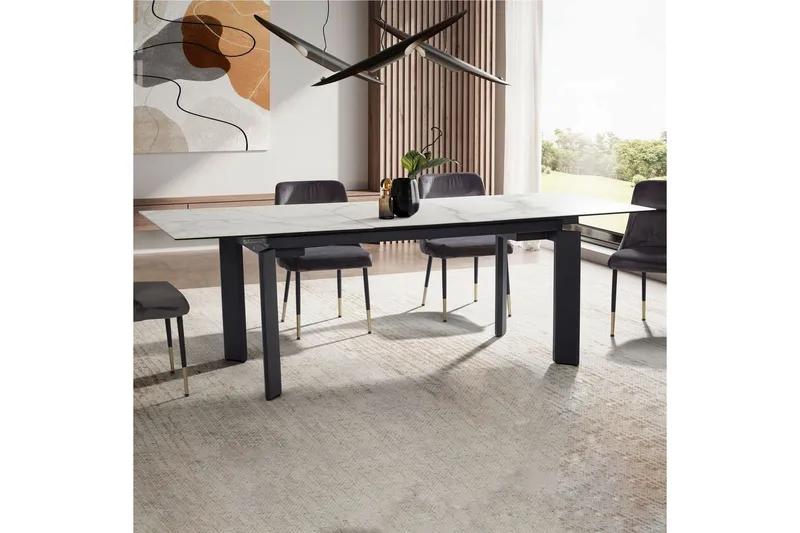 Matbord Wohnling Utdragbart 180-260 cm keramisk, klassiskt fyra ben och metallram Svart, marmor vit - Svart, marmor vit - Möbler - Matplats - Matgrupp & matbord med stolar
