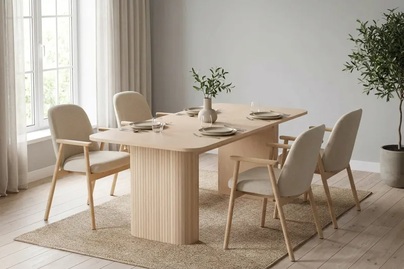 Matgrupp Bark Kopparbo Matbord 180-240 cm Förlängningsbart med 6 Reciclar Matstolar Ljus Ek|Beige - Möbler - Matplats - Matgrupp & matbord med stolar