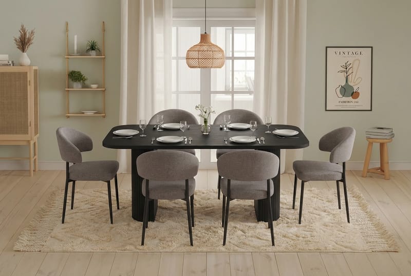 Matgrupp Bark Kopparbo Matbord 200 cm med 6 Sawako Greige Stolar Svart|Greige - Möbler - Matplats - Matgrupp & matbord med stolar