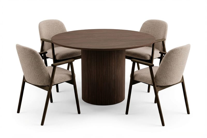 Matgrupp Bark Kopparbo Runt Matbord 120 cm Mörkbrunt med 4 Reciclar Matstolar Valnöt|Greige