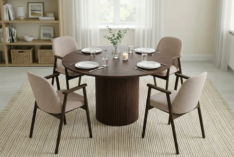 Matgrupp Bark Kopparbo Runt Matbord 120 cm Mörkbrunt med 4 Reciclar Matstolar Valnöt|Greige - Möbler - Matplats - Matgrupp & matbord med stolar