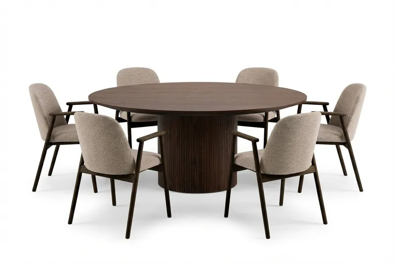 Matgrupp Bark Kopparbo Runt Matbord 180 cm Mörkbrunt med 6 Reciclar Matstolar Valnöt|Greige