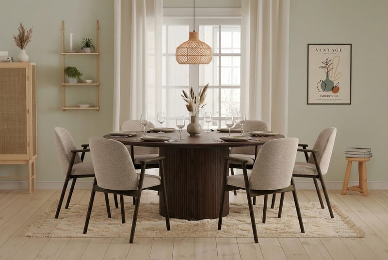 Matgrupp Bark Kopparbo Runt Matbord 180 cm Mörkbrunt med 6 Reciclar Matstolar Valnöt|Greige - Möbler - Matplats - Matgrupp & matbord med stolar