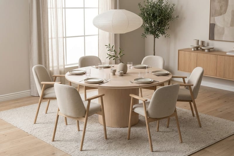 Matgrupp Bark Kopparbo Runt Matbord 180 cm Vitlaserat med 6 Reciclar Matstolar Ljus Ek|Beige - Möbler - Matplats - Matgrupp & matbord med stolar