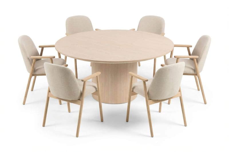 Matgrupp Bark Kopparbo Runt Matbord 180 cm Vitlaserat med 6 Reciclar Matstolar Ljus Ek|Beige