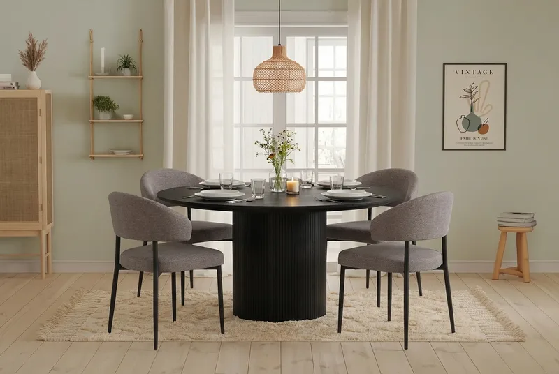 Matgrupp Bark Kopparbo Runt Stort Matbord 180 cm Svart med 4 Sawako Greige Stolar Svart|Greige - Möbler - Matplats - Matgrupp & matbord med stolar