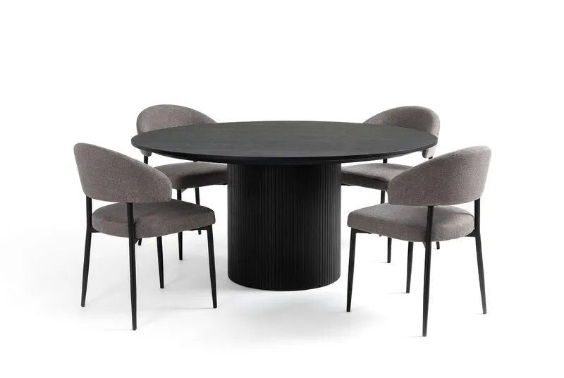 Matgrupp Bark Kopparbo Runt Stort Matbord 180 cm Svart med 4 Sawako Greige Stolar Svart|Greige