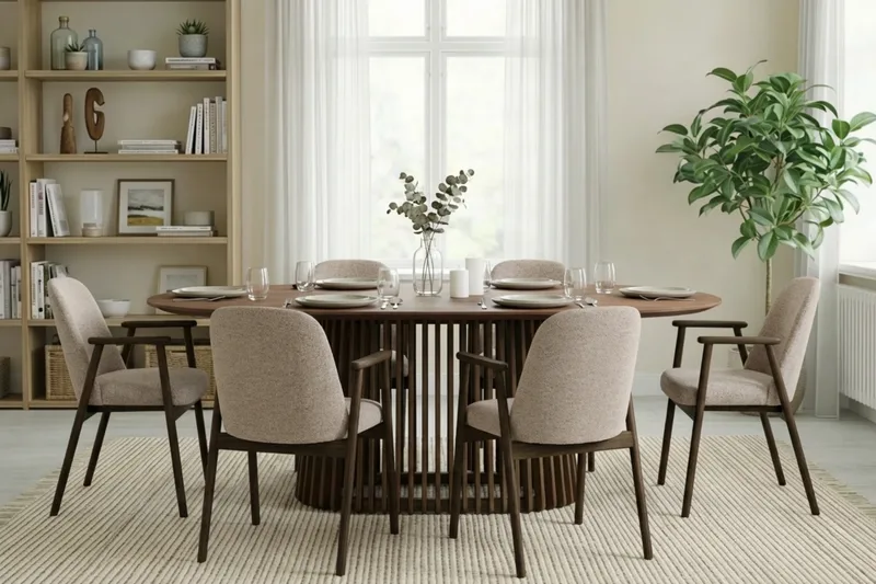 Matgrupp Bark Peyra Ovalt Matbord 200 cm Mörkbrunt med 6 Reciclar Matstolar Valnöt|Greige - Möbler - Matplats - Matgrupp & matbord med stolar