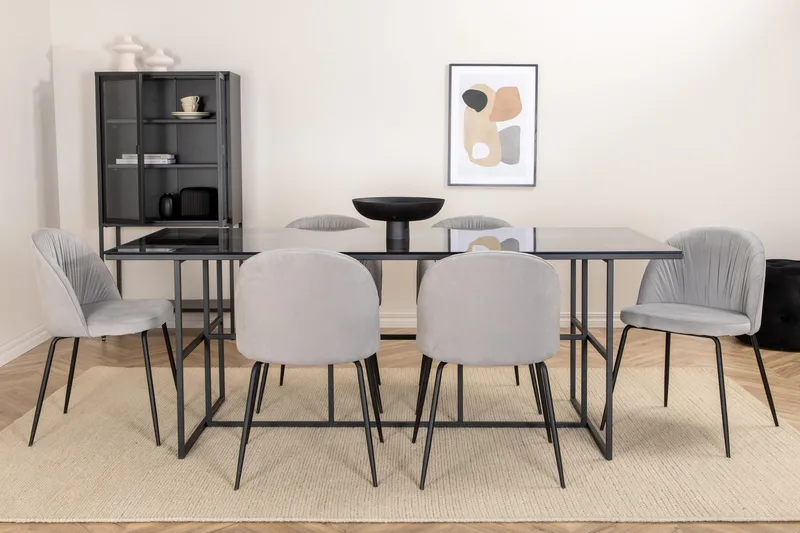 Matgrupp Leria 200 cm inkl 6 Foyos Stolar, Glas/Svart/Grå