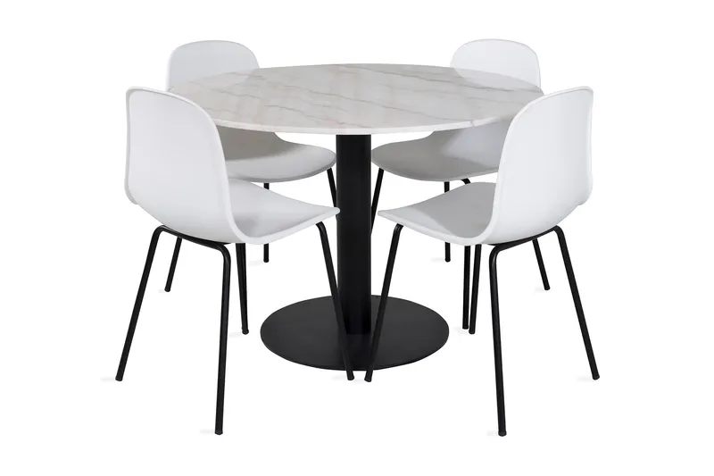 Admira Matgrupp 106 cm Runt Marmor inkl 4 Kullersbro Stolar, Vit/Svart