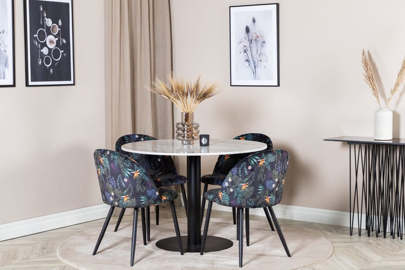 Admira Matgrupp 106 cm Runt Marmor inkl 4 Sedavi Stolar - Vit/Svart/Blå - Möbler - Matplats - Matgrupp & matbord med stolar