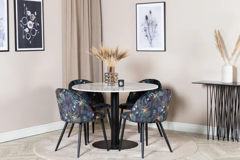 Admira Matgrupp 106 cm Runt Marmor inkl 4 Sedavi Stolar - Vit/Svart/Blå - Möbler - Matplats - Matgrupp & matbord med stolar