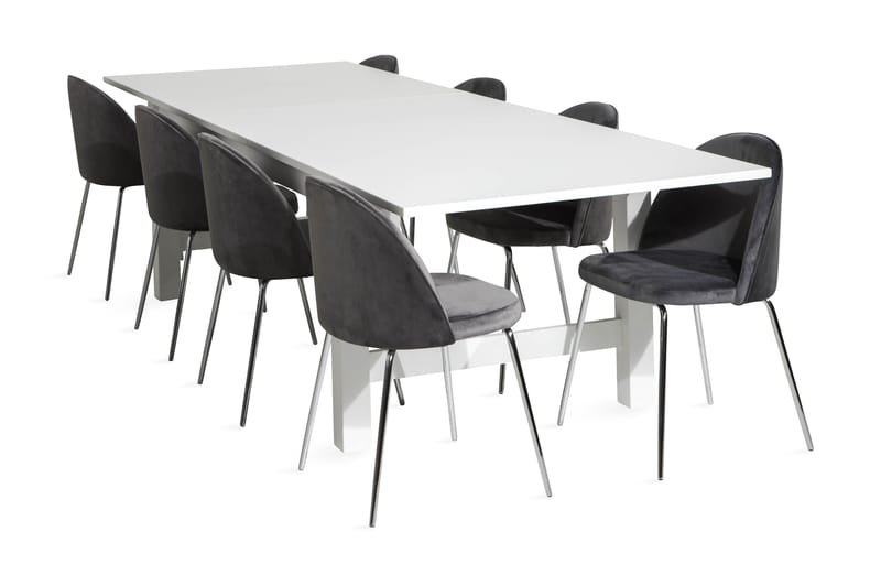 ALLIE Bord Vit + 8 SANDRO Stol Grå/Kromade Ben - Matgrupp & matbord med stolar