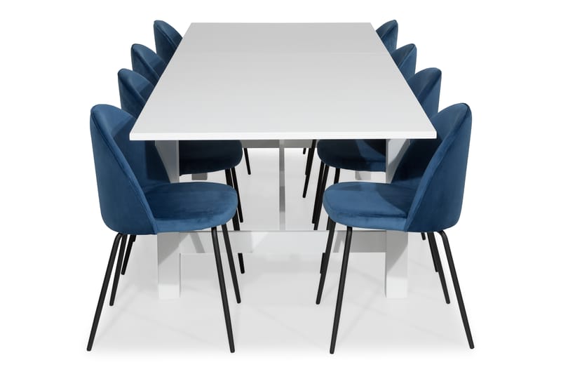ALLIE Bord Vit + 8 SANDRO Stol Mörkblå/Svarta Ben - Matgrupp & matbord med stolar