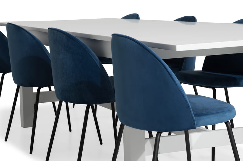 ALLIE Bord Vit + 8 SANDRO Stol Mörkblå/Svarta Ben - Matgrupp & matbord med stolar