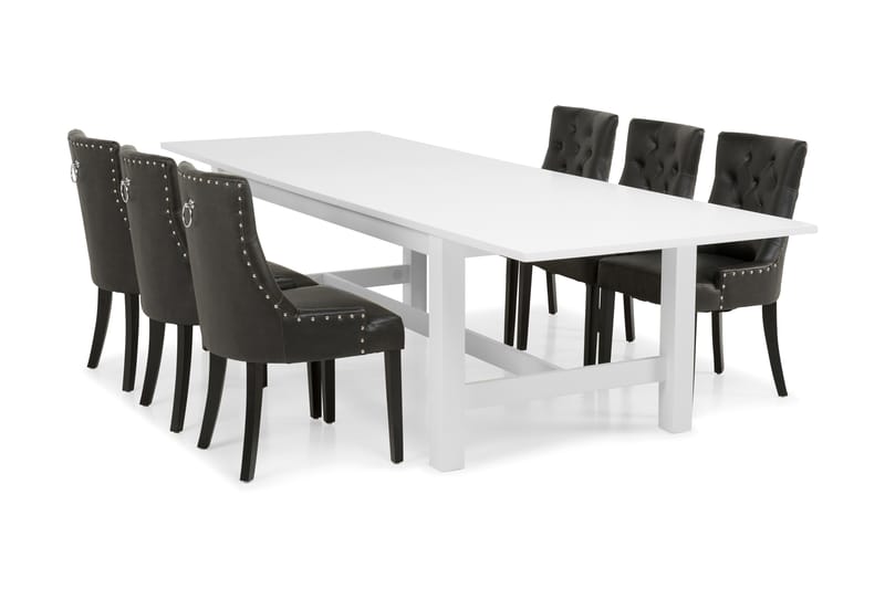 ALLIE Matbord 240/300 Vit + 6 CARMINE Fåt�ölj Svart - Matgrupp & matbord med stolar