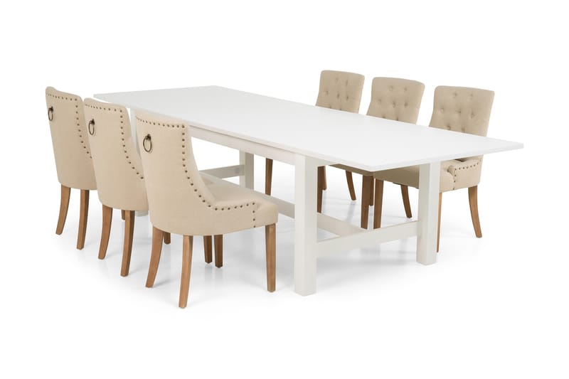 ALLIE Matbord 240/300 Vit + 6 COLFAX Fåtölj Beige - Matgrupp & matbord med stolar