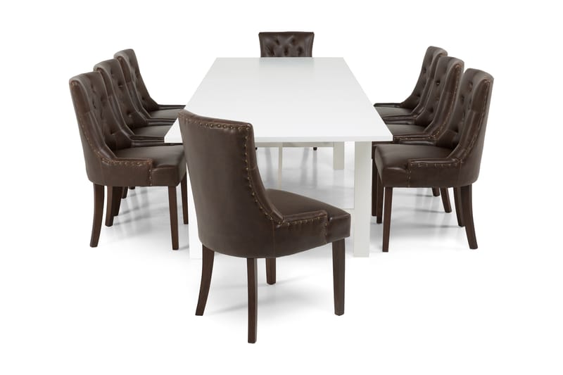ALLIE Matbord 240/300 Vit + 8 CARMINE Fåtölj Brun - Matgrupp & matbord med stolar