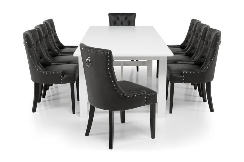 ALLIE Matbord 240/300 Vit + 8 CARMINE Fåtölj Svart - Matgrupp & matbord med stolar