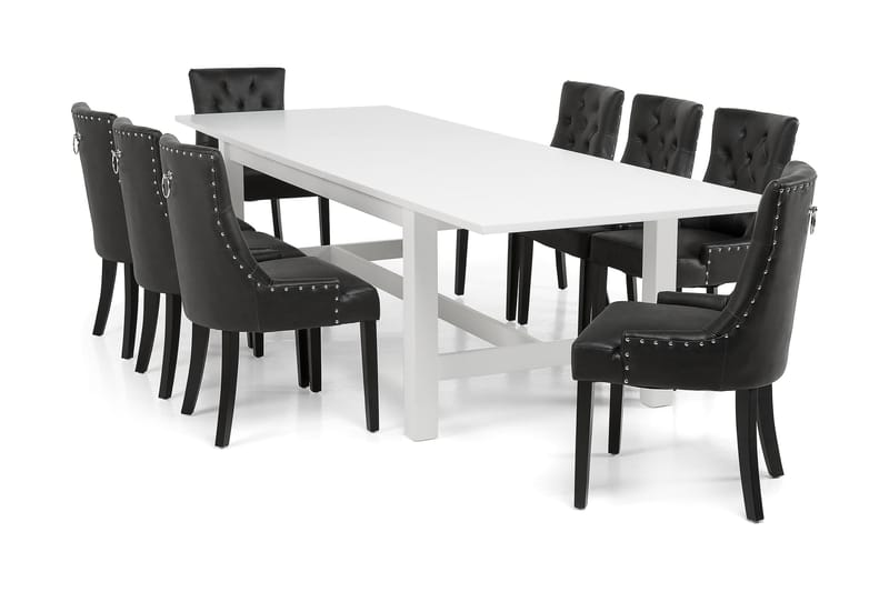 ALLIE Matbord 240/300 Vit + 8 CARMINE Fåtölj Svart - Matgrupp & matbord med stolar