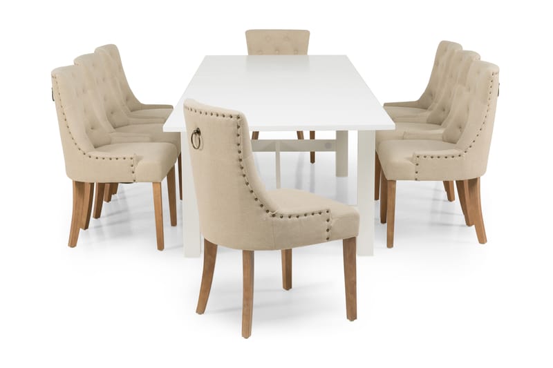 ALLIE Matbord 240/300 Vit + 8 COLFAX Fåtölj Beige - Matgrupp & matbord med stolar