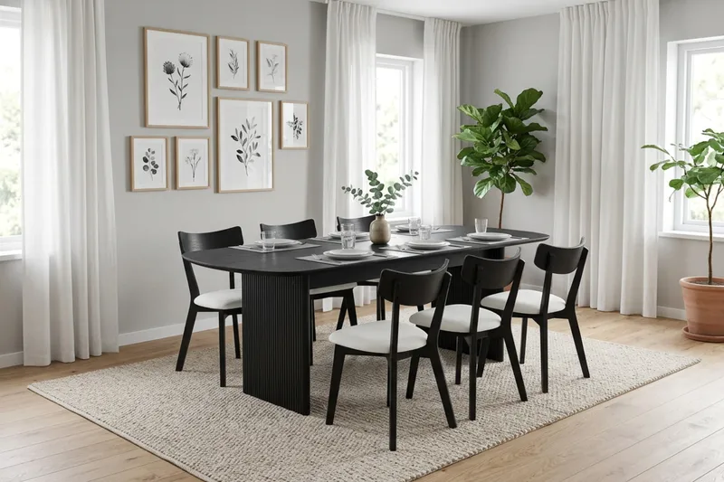 Alma Matgrupp 220 cm rektangulärt i Svart med 6 Amelia Matstolar med Dyna - Svart/Beige - Möbler - Matplats - Matgrupp & matbord med stolar