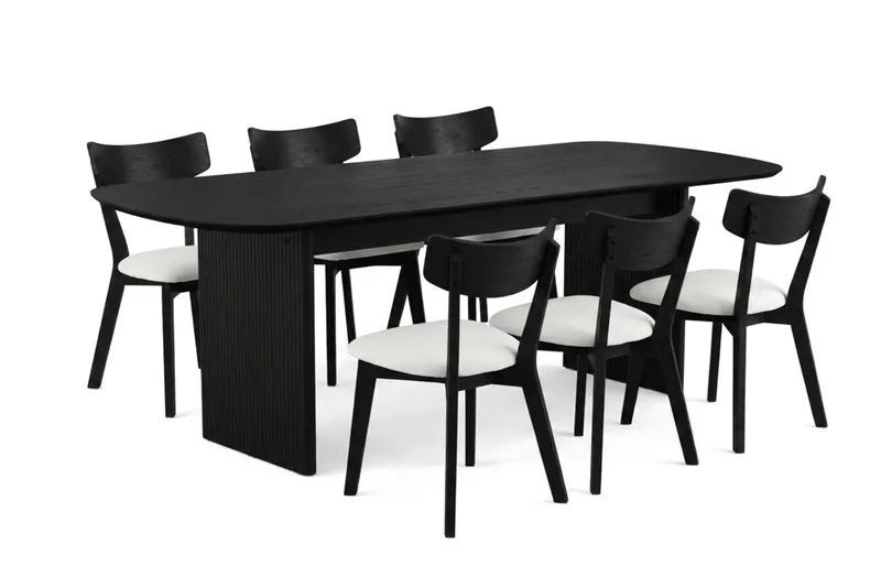 Alma Matgrupp 220 cm rektangulärt i Svart med 6 Amelia Matstolar med Dyna, Svart/Beige