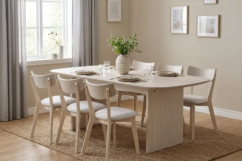 Alma Matgrupp 220 cm rektangulärt Vitlaserad med 6 Amelia Matstolar med Dyna - Vitlaserad/Beige - Möbler - Matplats - Matgrupp & matbord med stolar