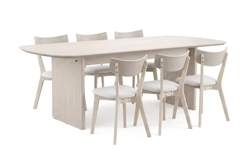 Alma Matgrupp 220 cm rektangulärt Vitlaserad med 6 Amelia Matstolar med Dyna, Vitlaserad/Beige