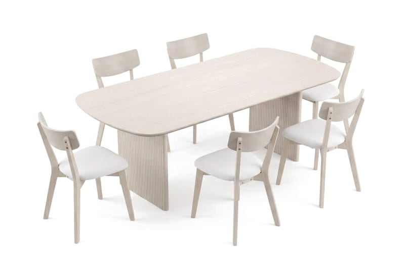 Alma Matgrupp 220 cm rektangulärt Vitlaserad med 6 Amelia Matstolar med Dyna - Vitlaserad/Beige - Möbler - Matplats - Matgrupp & matbord med stolar