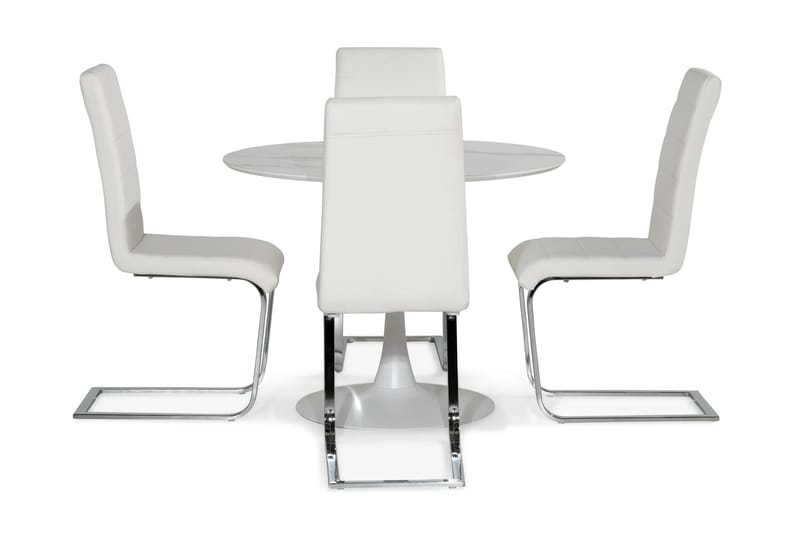 ANANTA Bord Vit 100 Rund + 4 SALA Stol Vit PU/Krom - Möbler - Matplats - Matgrupp & matbord med stolar