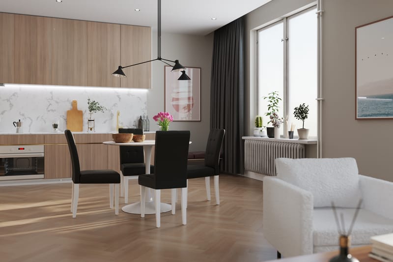 ANANTA Bord Vit 100 Rund + 4 STILO Stol Svart PU - Möbler - Matplats - Matgrupp & matbord med stolar