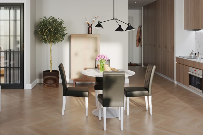 ANANTA Bord Vit 100 Rund + 4 STILO Stol Svart PU - Möbler - Matplats - Matgrupp & matbord med stolar
