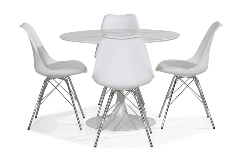 ANANTA Bord Vit 100 Rund + 4 ZENIT Stol Vit/Krom - Matgrupp & matbord med stolar