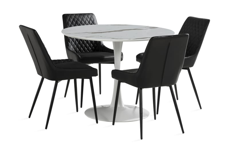 ANANTA Matbord 100 cm Runt Vit + 4 HUGGNING Stolar Svart - Möbler - Matplats - Matgrupp & matbord med stolar