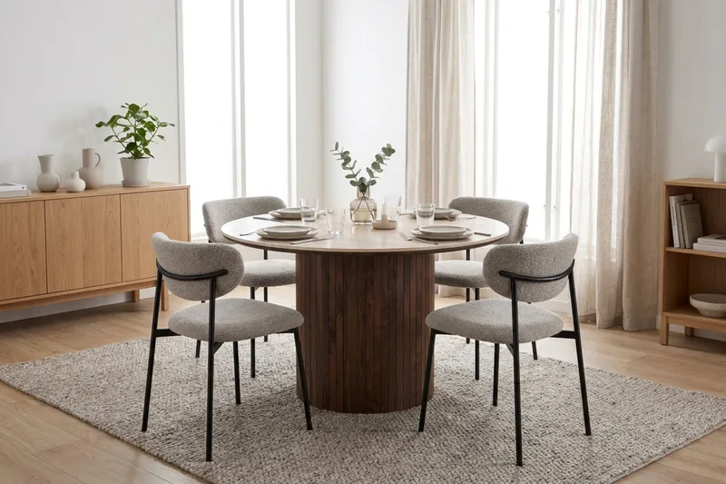 Arvo Matgrupp runt 120 cm Valnöt med 4 Lucy Matstolar - Valnöt - Möbler - Matplats - Matgrupp & matbord med stolar