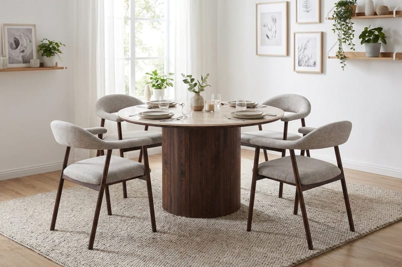 Arvo Matgrupp runt 120 cm Valnöt med 4 Ronja Matstolar - Valnöt/Valnöt - Möbler - Matplats - Matgrupp & matbord med stolar
