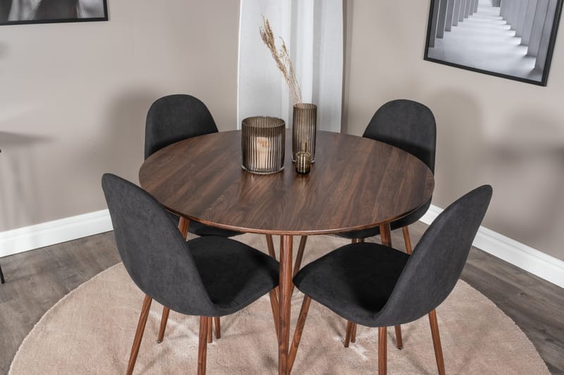 ATAUN Matbord 100 cm Runt Brun + 4 SOBRIDO Stolar Svart - Möbler - Matplats - Matgrupp & matbord med stolar