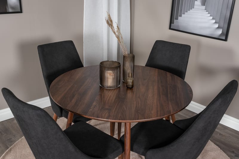ATAUN Matbord 100 cm Runt Brun + 4 TRAGUNTIA Stolar Svart - Möbler - Matplats - Matgrupp & matbord med stolar